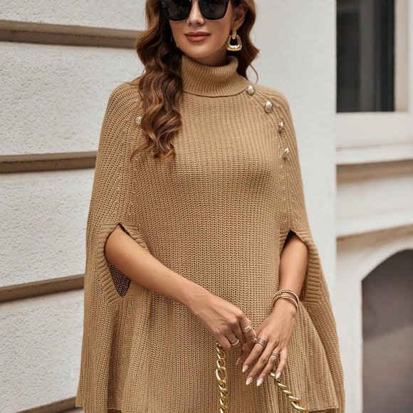 PASSION Turtleneck Button Detail Cloak Sleeve Knit Poncho - Picture 2 of 10